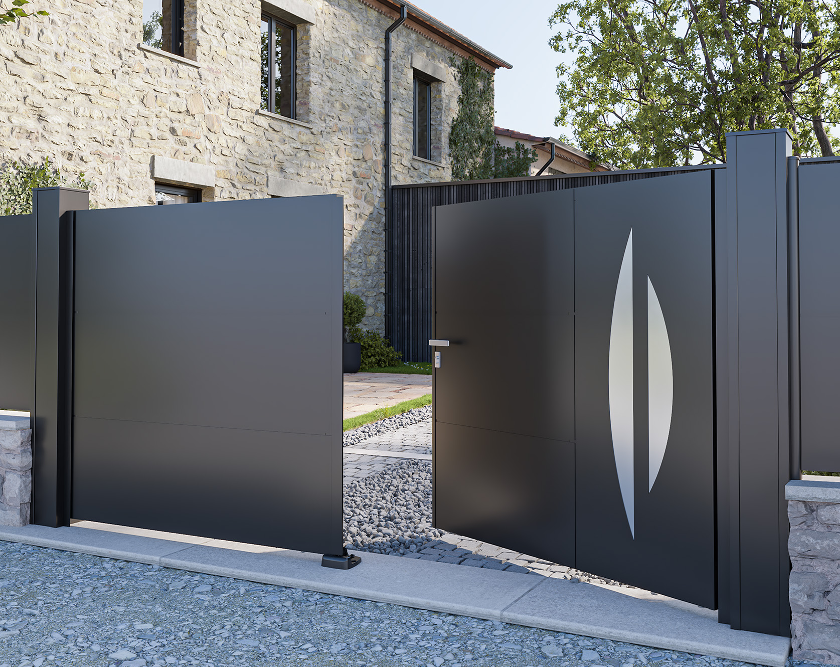 Portail battant aluminim tôlé Selene - Kostum design coordonné Bel'M et Novovferm